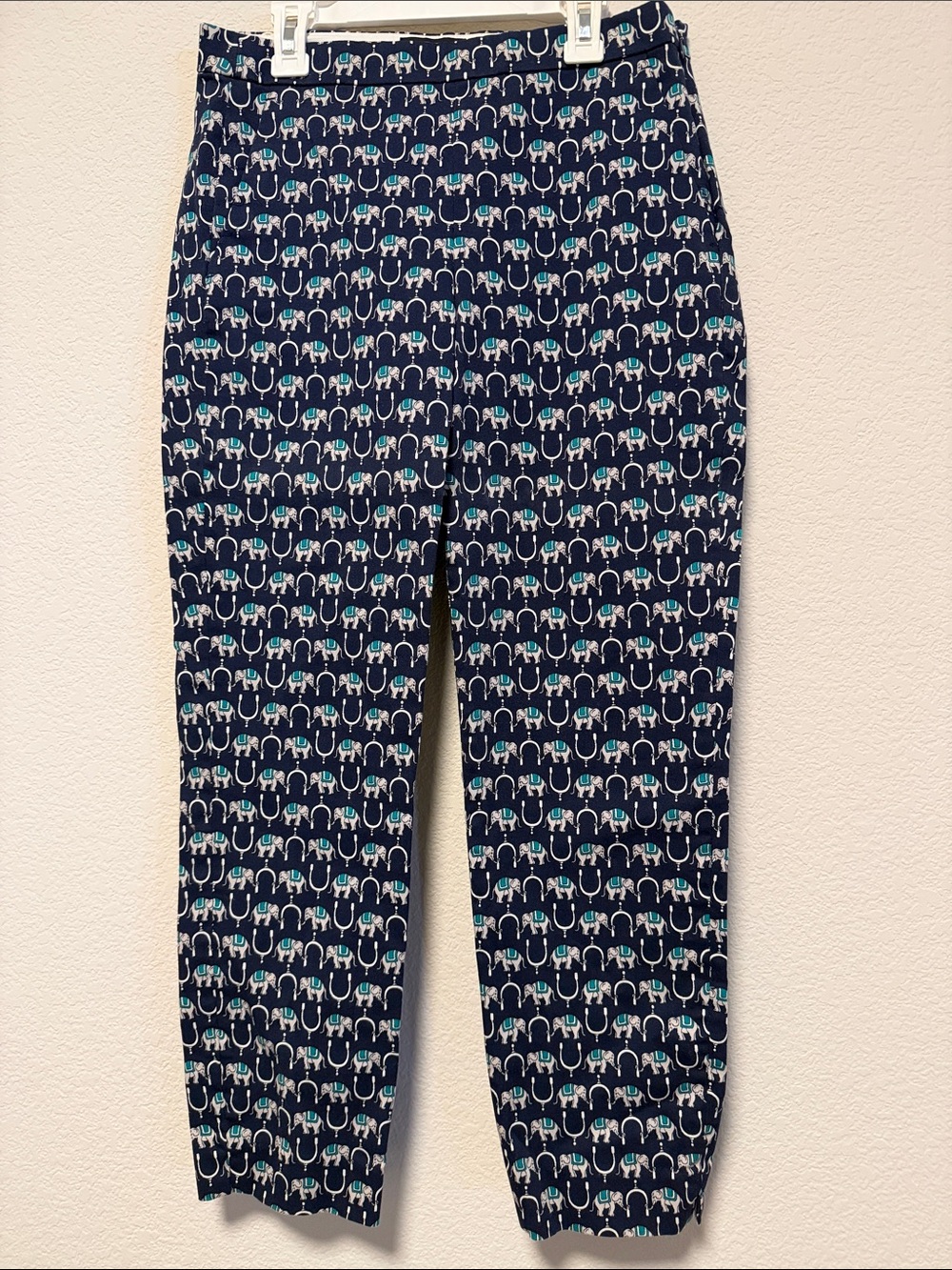 J. Crew Martie Navy Cropped Pants with Teal & White Elephant Print